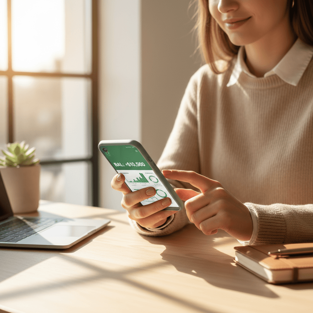 Hands holding a smartphone at a tidy desk with a laptop nearby