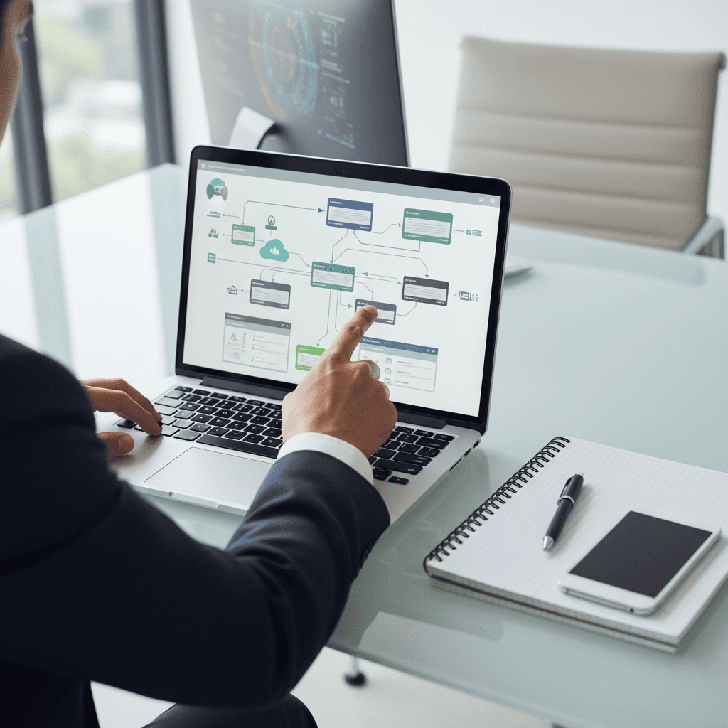 Consultant explaining a network setup to a client at a laptop